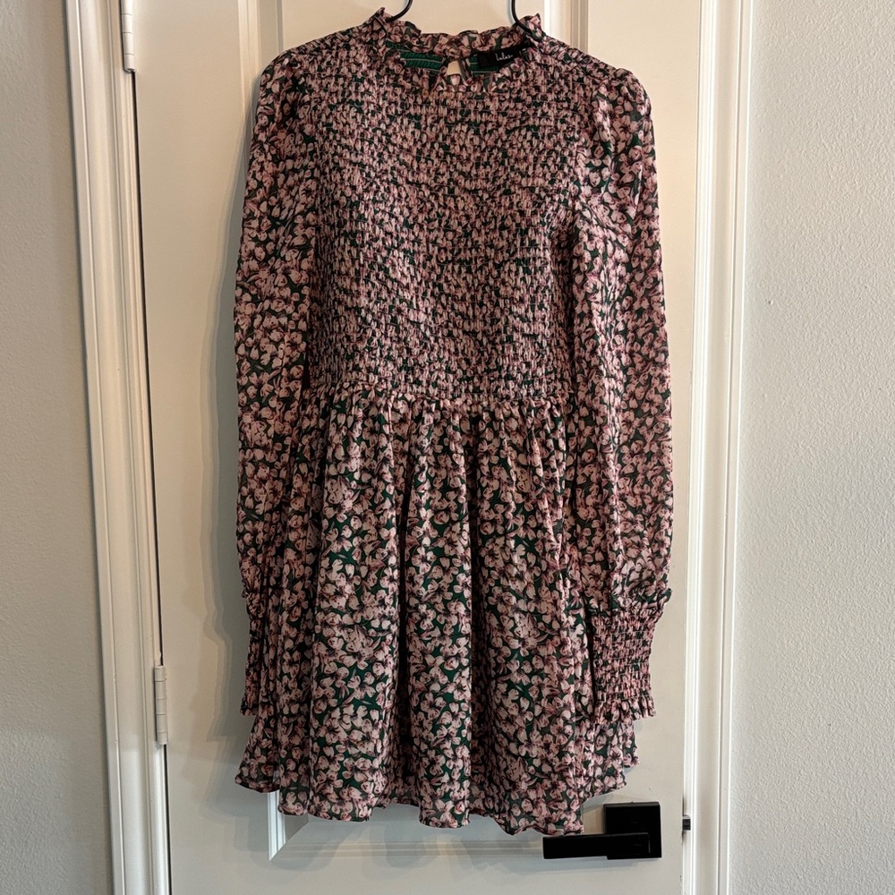 Lulu's Pink & Green Floral Smocked Long Sleeve Dress